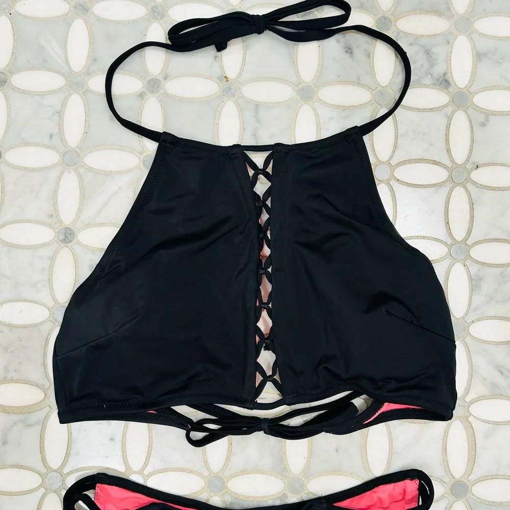 Sold New PINK Victoria’s Secret High Neck Black Caged Cut Out Halter Top Bikini